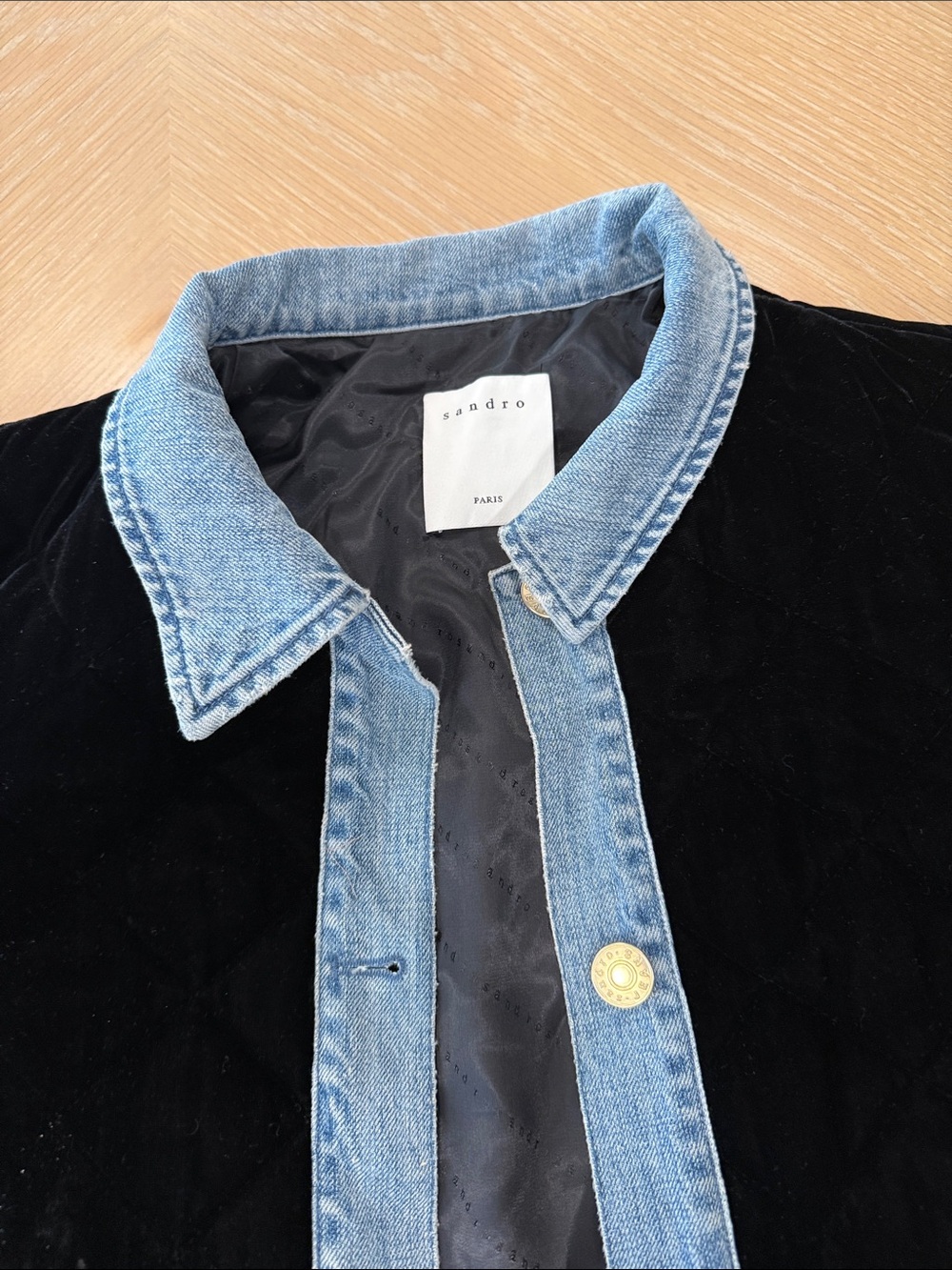 sandro Black Velvet Jacket with Light Blue Denim Collar and Placket